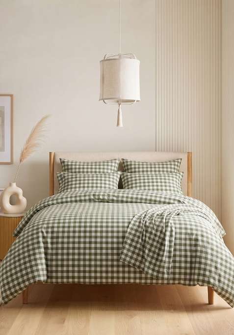 Olive Organic Cotton Gingam Checked Duvet Cover Sets