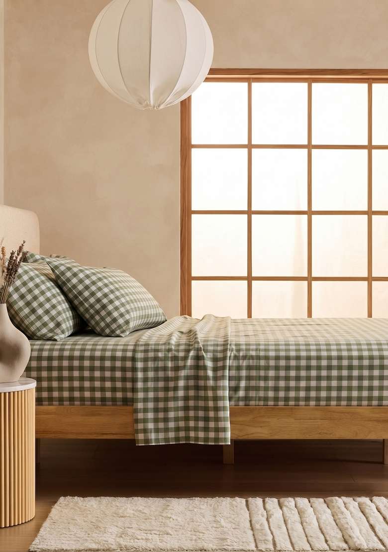 Olive Organic Cotton Gingam Checked Pillowcases - Indya