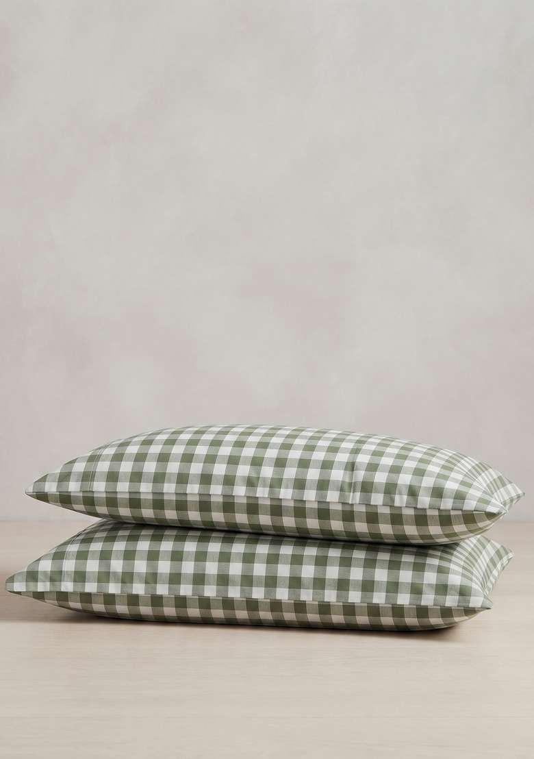 Olive Organic Cotton Gingam Checked Pillowcases - Indya