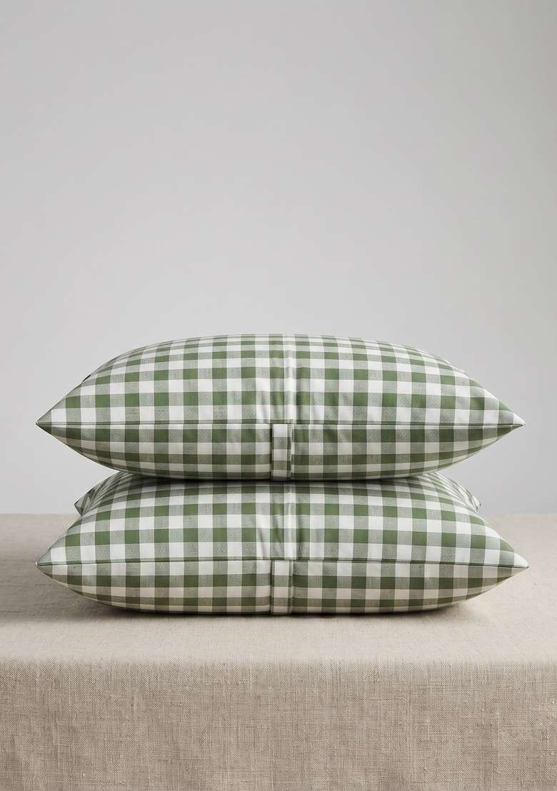 Olive Organic Cotton Gingam Checked Sham Sets - Indya