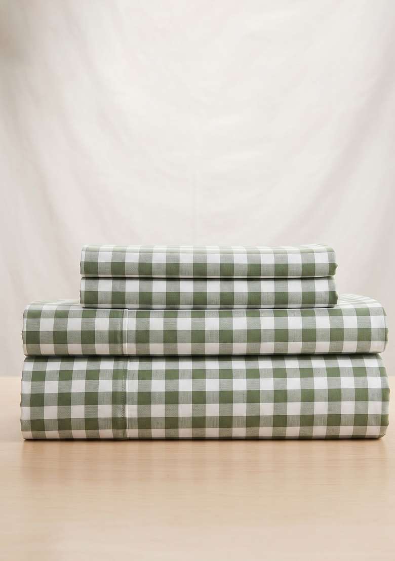 Olive Organic Cotton Gingam Checked Sheet Sets - Indya