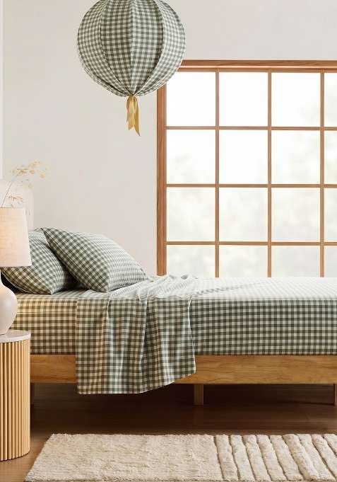 Olive Organic Cotton Gingam Checked Sheet Sets