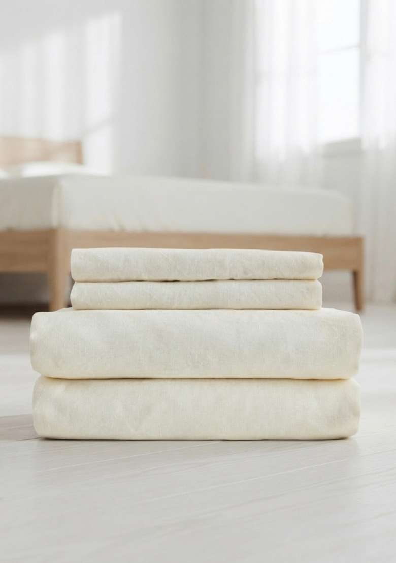 Ivory Organic Brushed Cotton Solid Sheet Sets - Indya
