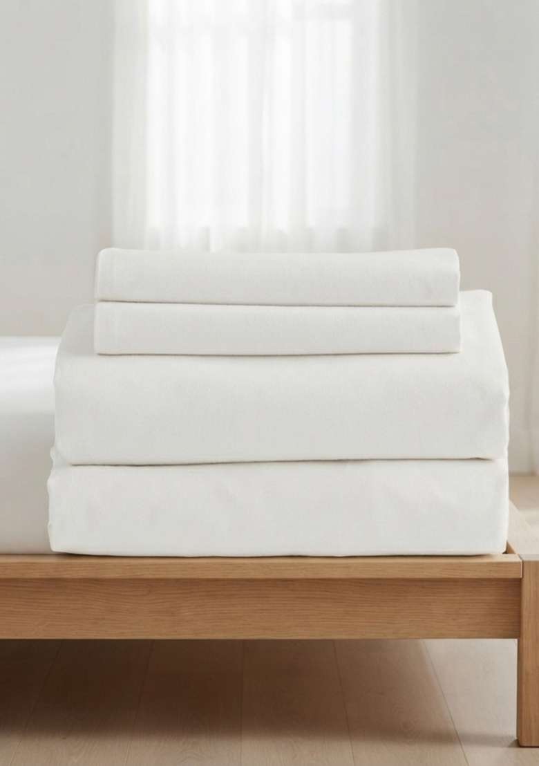 White Organic Brushed Cotton Solid Sheet Sets - Indya