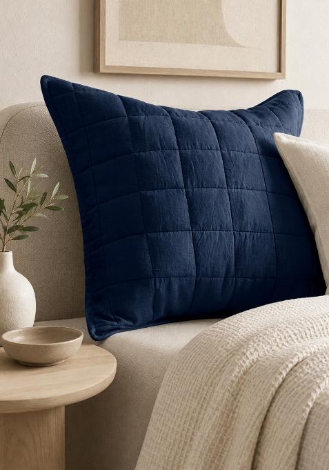 Navy 100% Linen European Linen Quilted Sham Set
