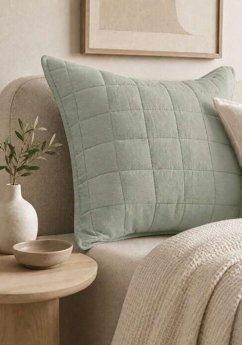Olive 100% Linen European Linen Quilted Sham Set