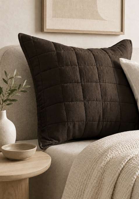 Coffee 100% Linen European Linen Quilted Sham Set