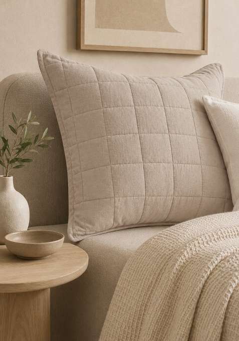 Tan 100% Linen European Linen Quilted Sham Set