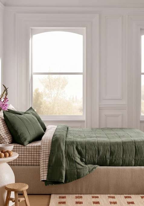 Olive 100% Linen Lightweight European Linen Box Quilt