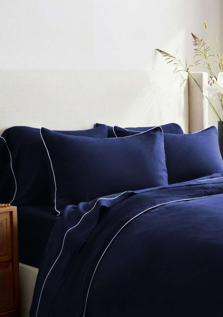 Navy European Linen Piped Pillowcase Set - Indya