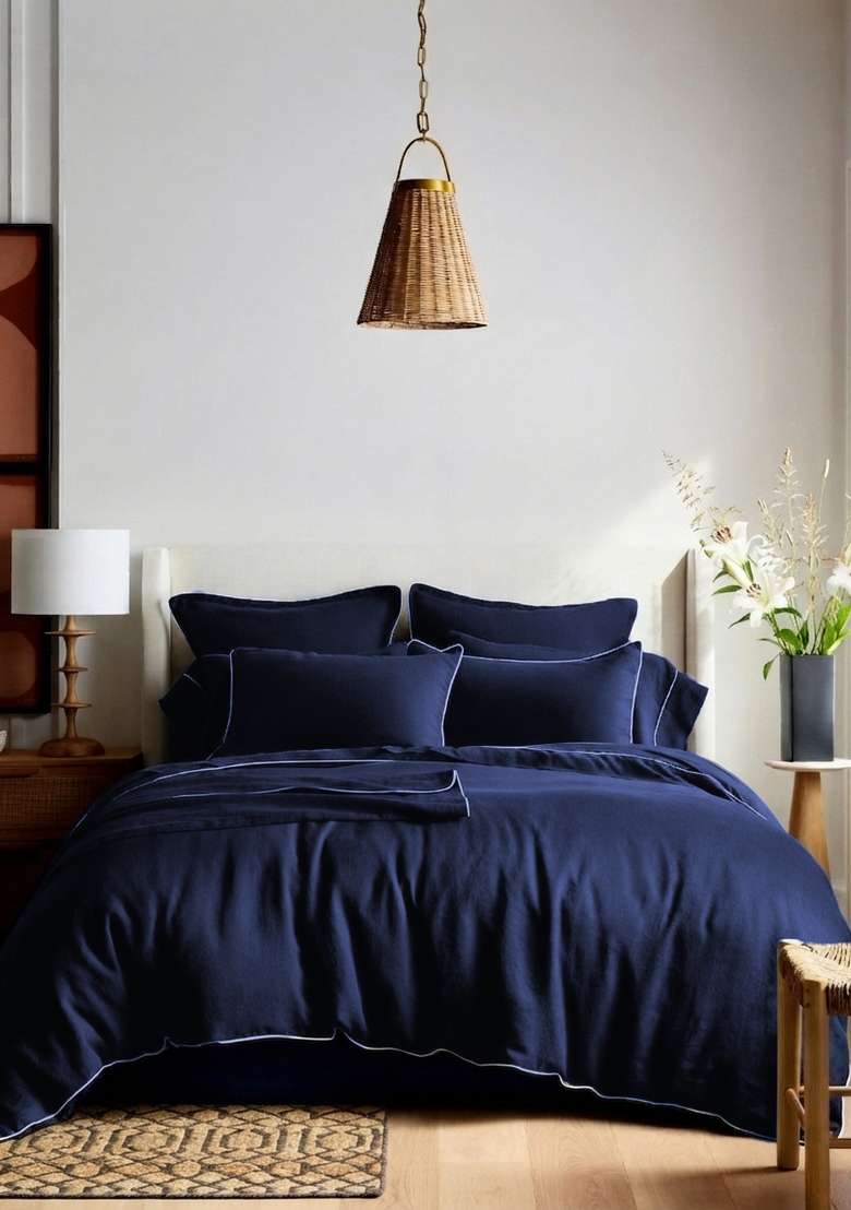 Navy European Linen Piped Pillowcase Set - Indya