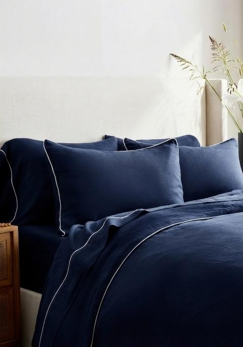 Navy 100% Linen European Linen Piped Pillowcase Set