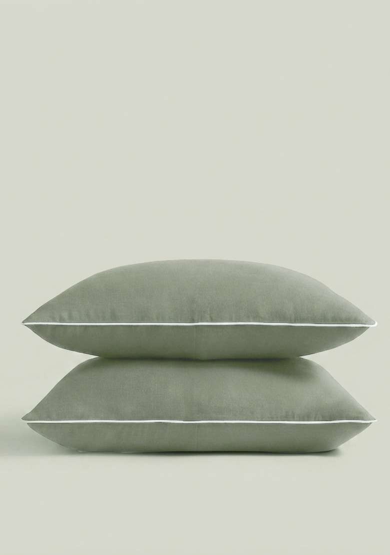 Olive European Linen Piped Pillowcase Set - Indya