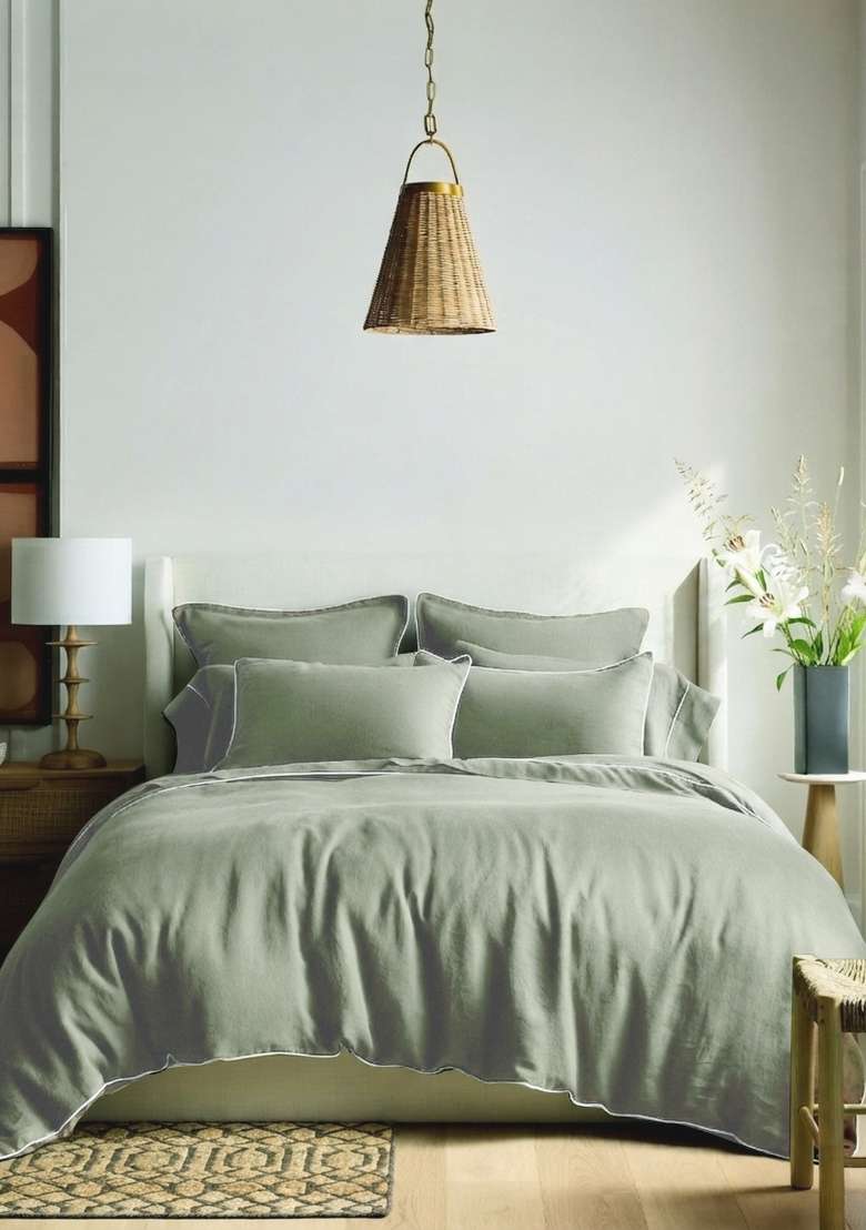 Olive European Linen Piped Pillowcase Set - Indya