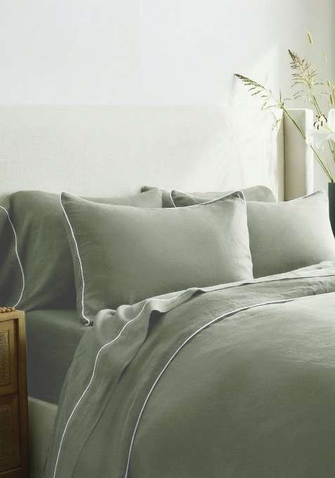 Olive 100% Linen European Linen Piped Pillowcase Set