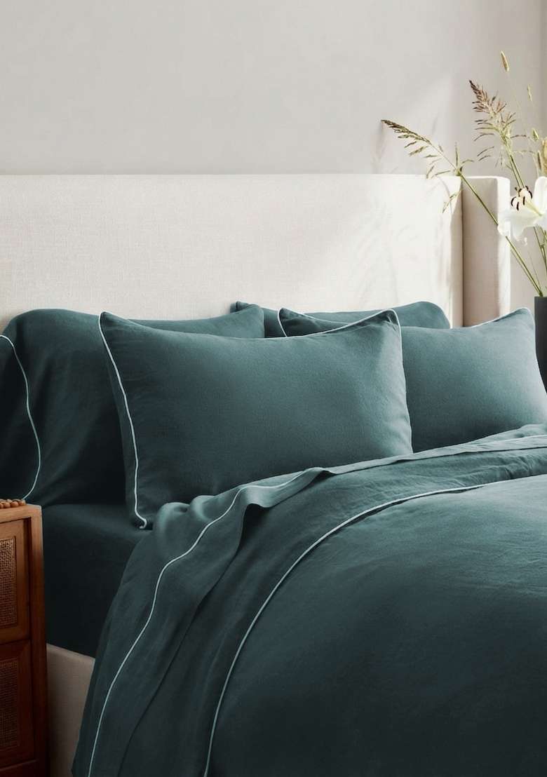 Aqua European Linen Piped Pillowcase Set - Indya