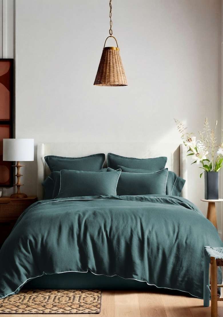 Aqua European Linen Piped Pillowcase Set - Indya