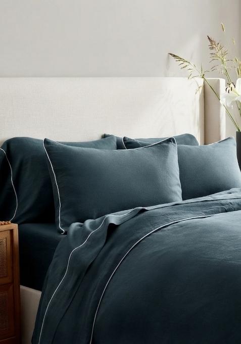 Aqua 100% Linen European Linen Piped Pillowcase Set