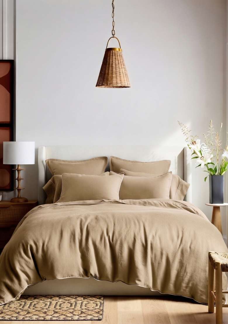 Tan European Linen Piped Pillowcase Set - Indya