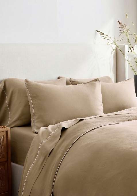 Tan 100% Linen European Linen Piped Pillowcase Set