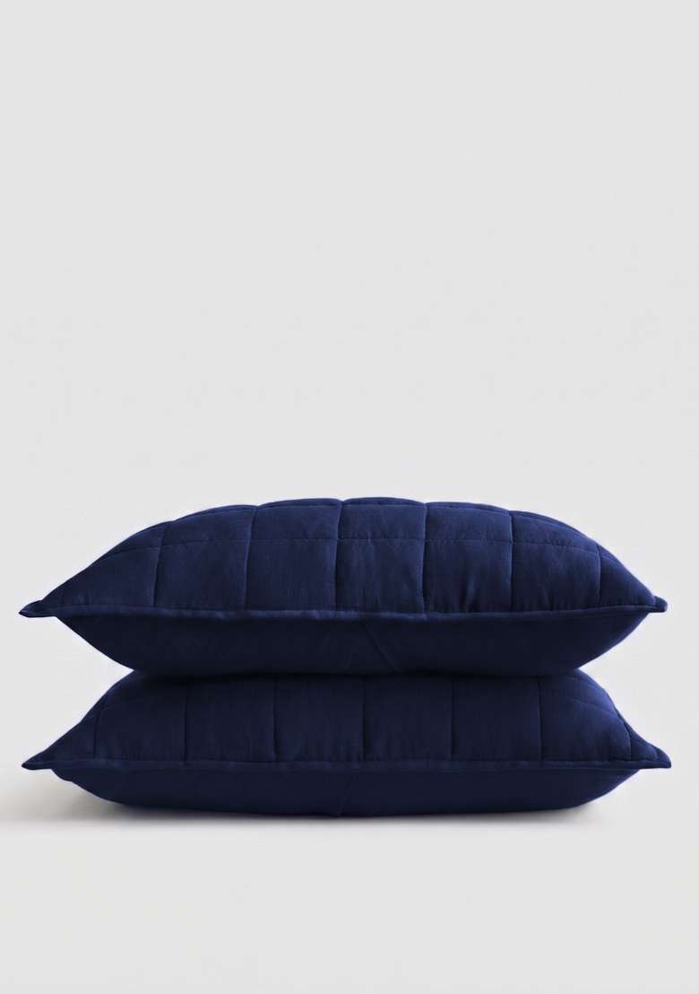 Navy European Linen Quilted Sham Set - Indya