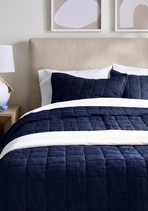 Navy 100% Linen European Linen Quilted Sham Set