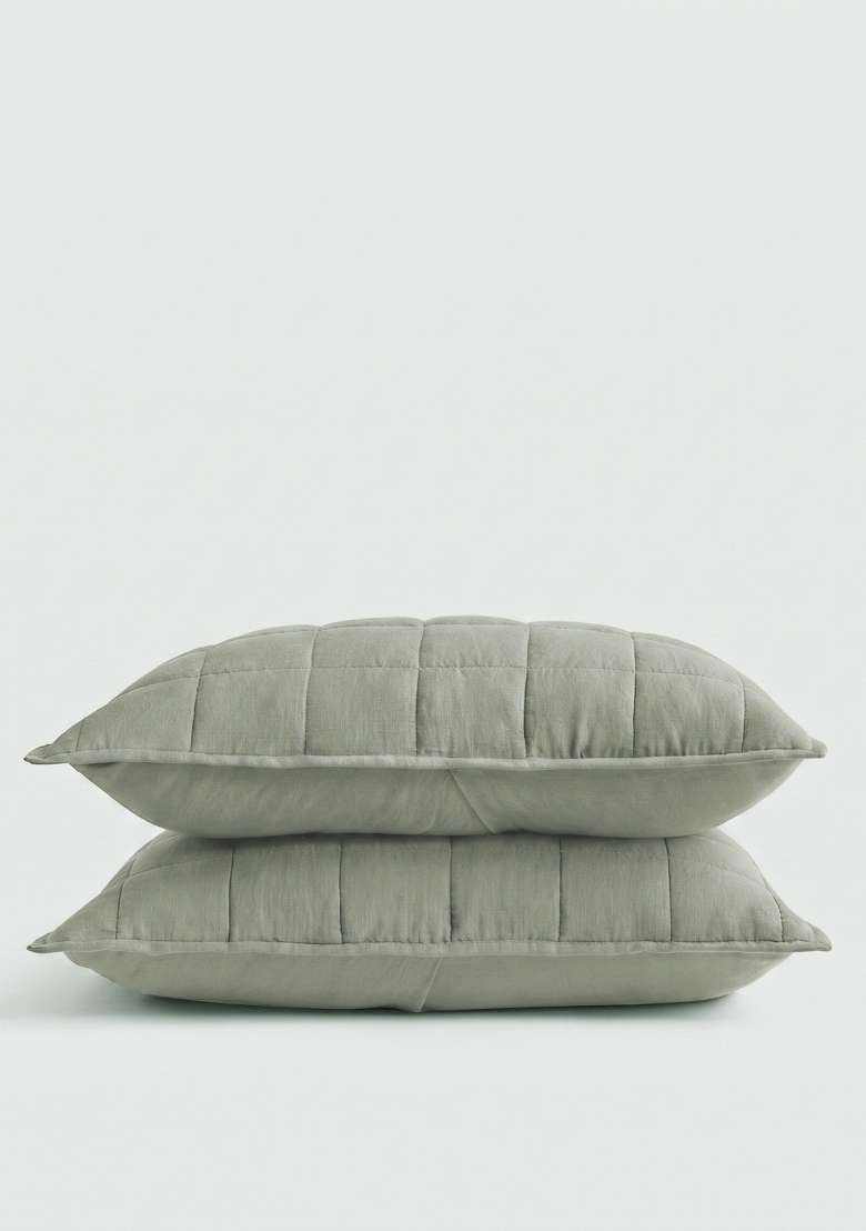 Olive European Linen Quilted Sham Set - Indya