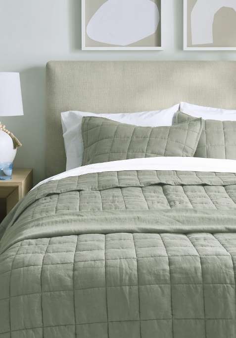 Olive 100% Linen European Linen Quilted Sham Set