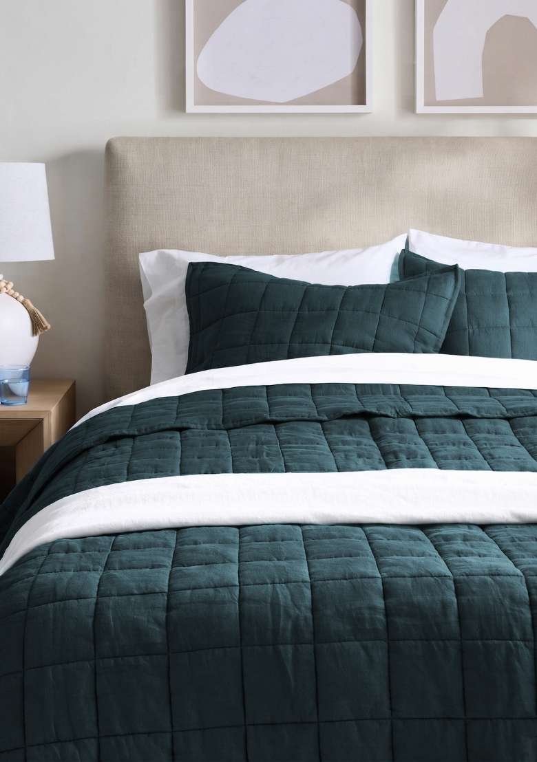 Aqua European Linen Quilted Sham Set - Indya