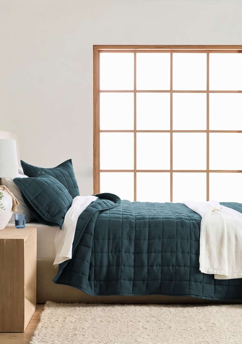 Aqua European Linen Quilted Sham Set - Indya
