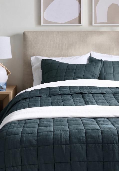 Aqua 100% Linen European Linen Quilted Sham Set