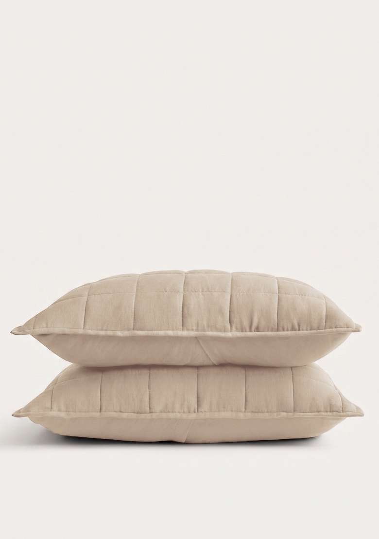 Tan European Linen Quilted Sham Set - Indya