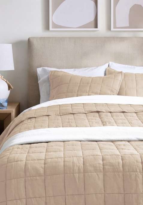 Tan 100% Linen European Linen Quilted Sham Set