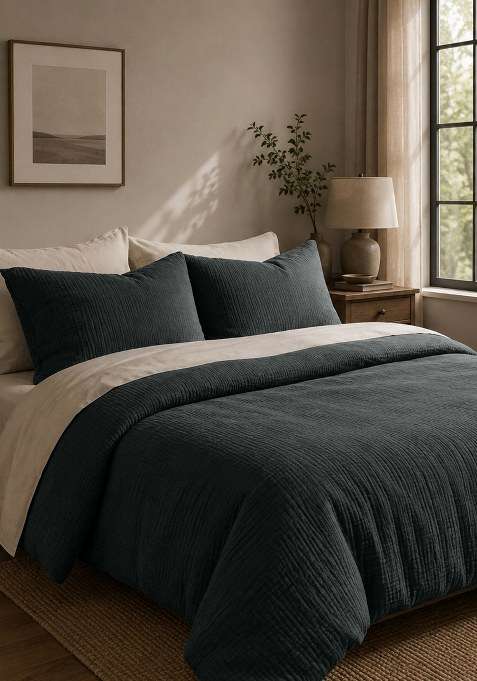 Anthracite Organic Cotton Gauze Duvet Cover