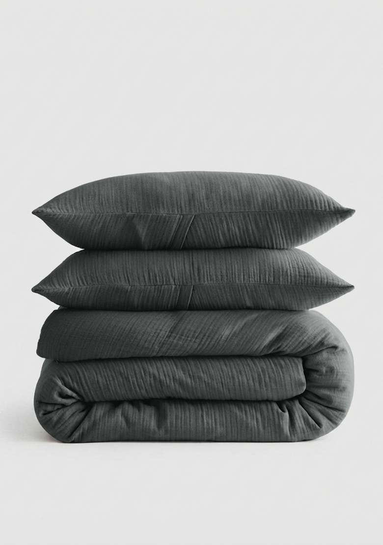 Charcoal Organic Cotton Gauze Duvet Cover Set - Indya