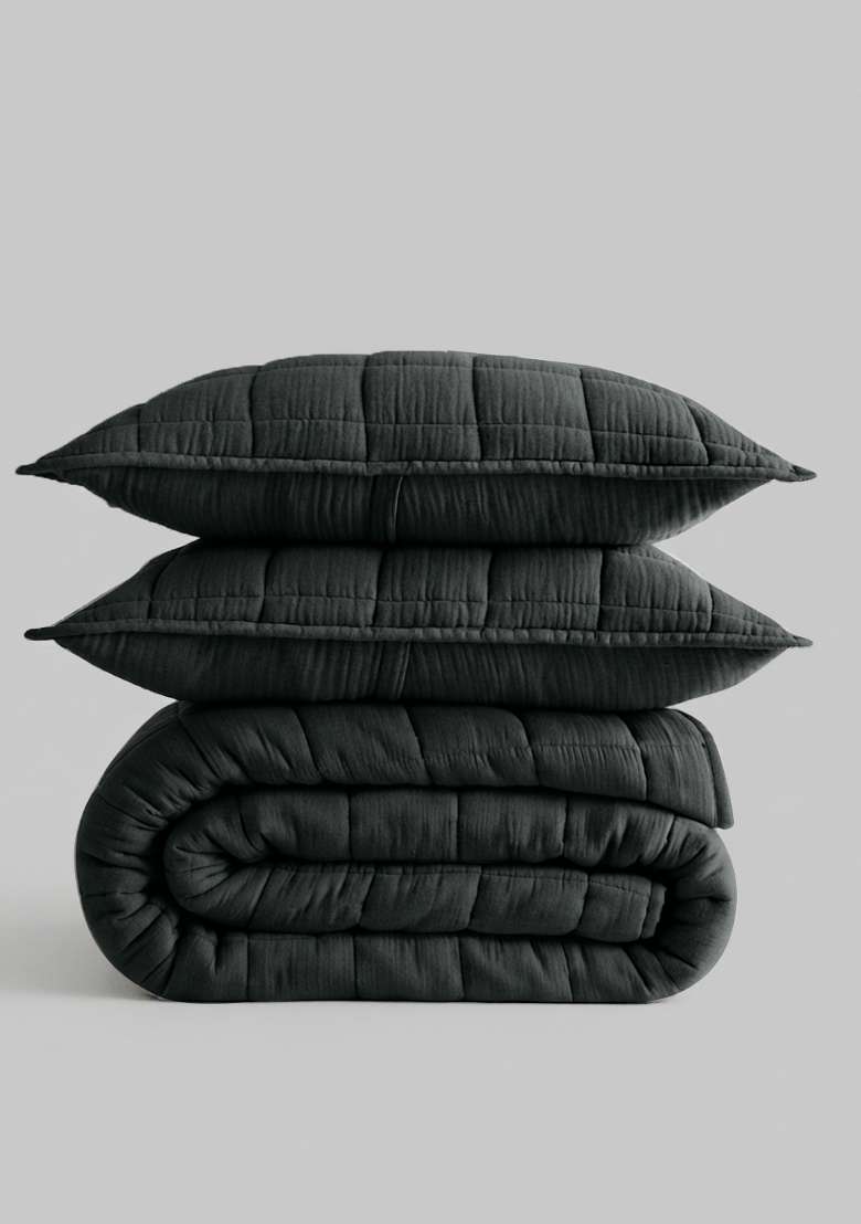 Charcoal Organic Cotton Gauze Box Quilt Set - Indya
