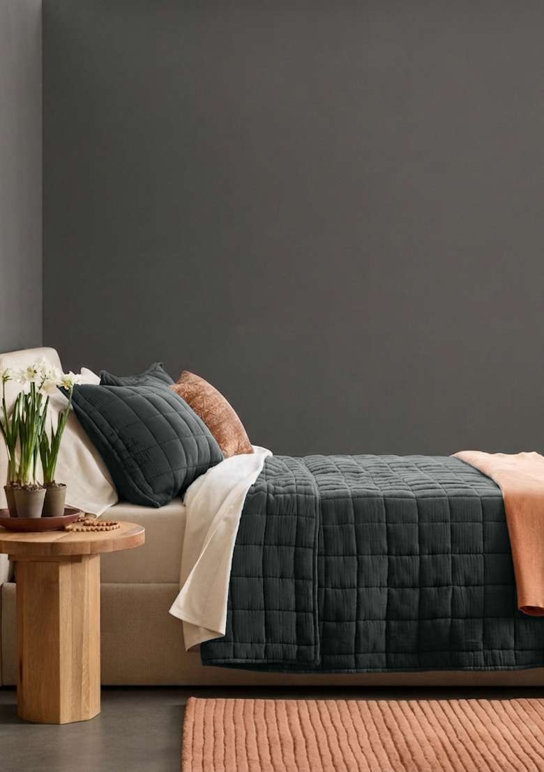 Charcoal Organic Cotton Gauze Box Quilt Set - Indya