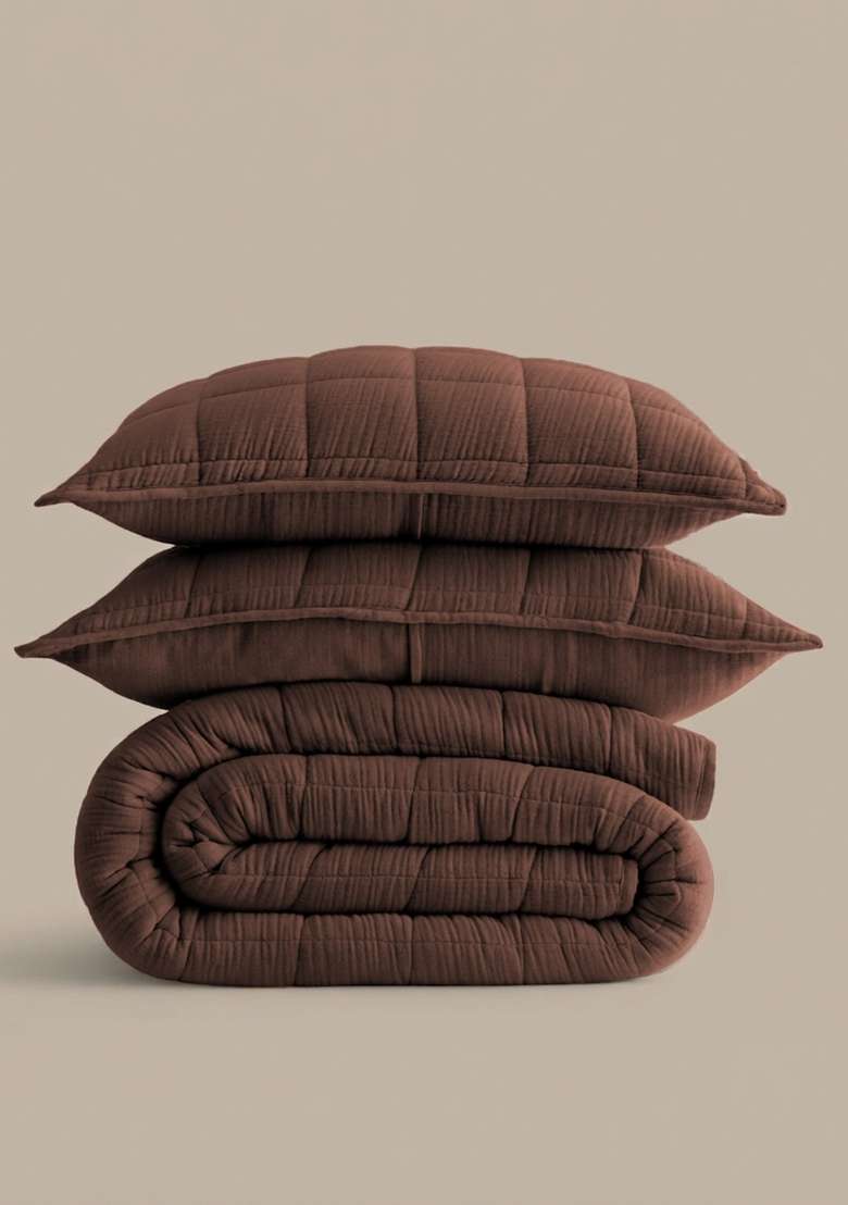 Chocolate Organic Cotton Gauze Box Quilt Set - Indya