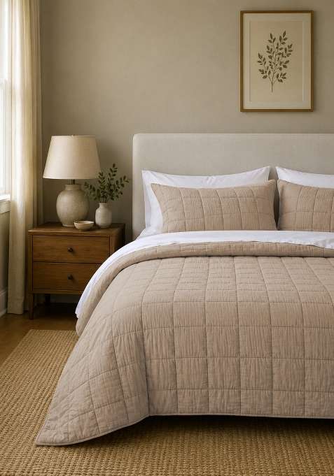 Beige Organic Cotton Gauze Box Quilt Set