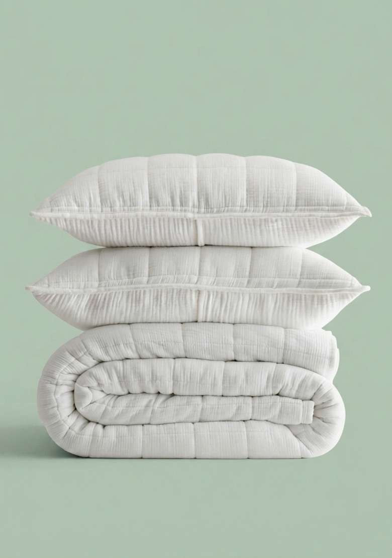 White Organic Cotton Gauze Box Quilt Set - Indya