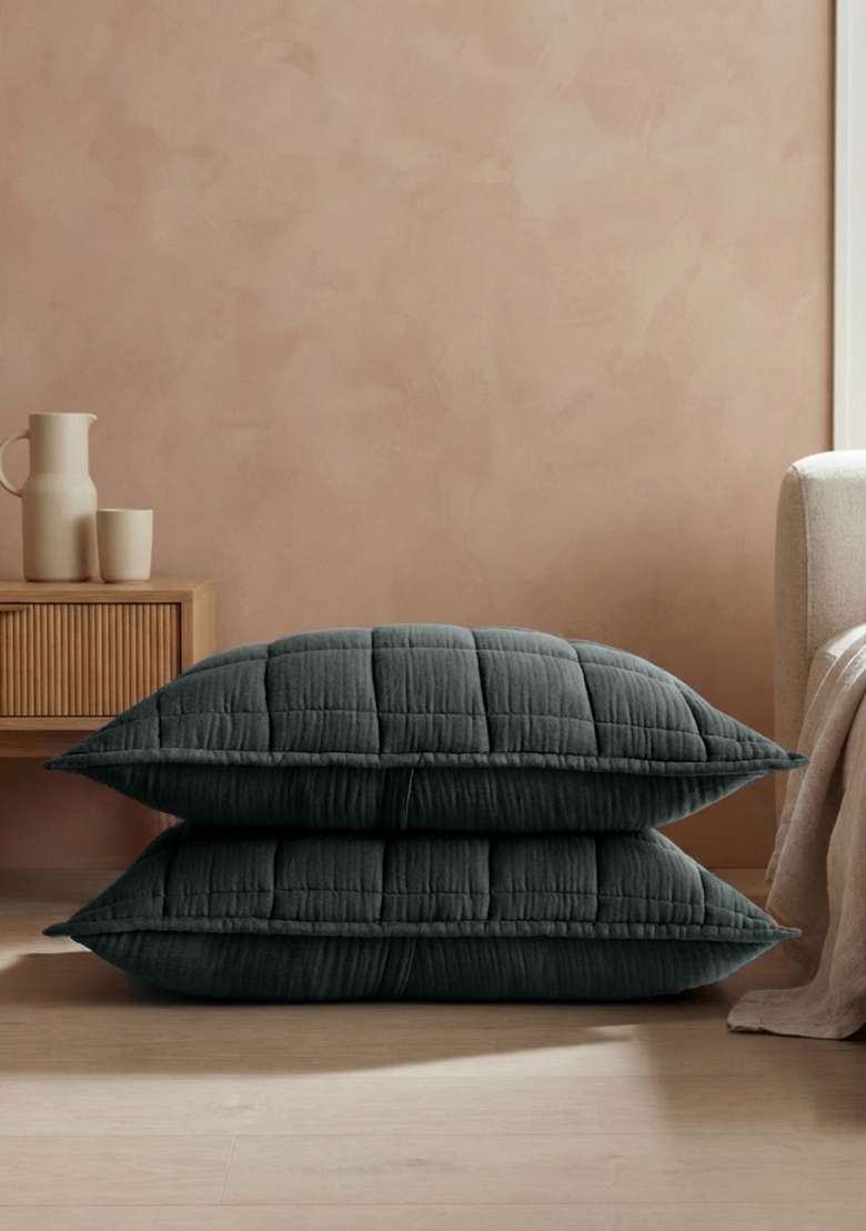 Charcoal Organic Cotton Gauze Box Quilt Sham Set - Indya