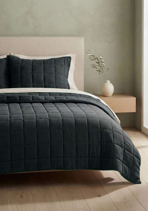 Anthracite Organic Cotton Gauze Box Quilt Sham Set