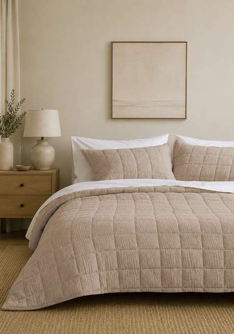 Beige Organic Cotton Gauze Box Quilt Sham Set