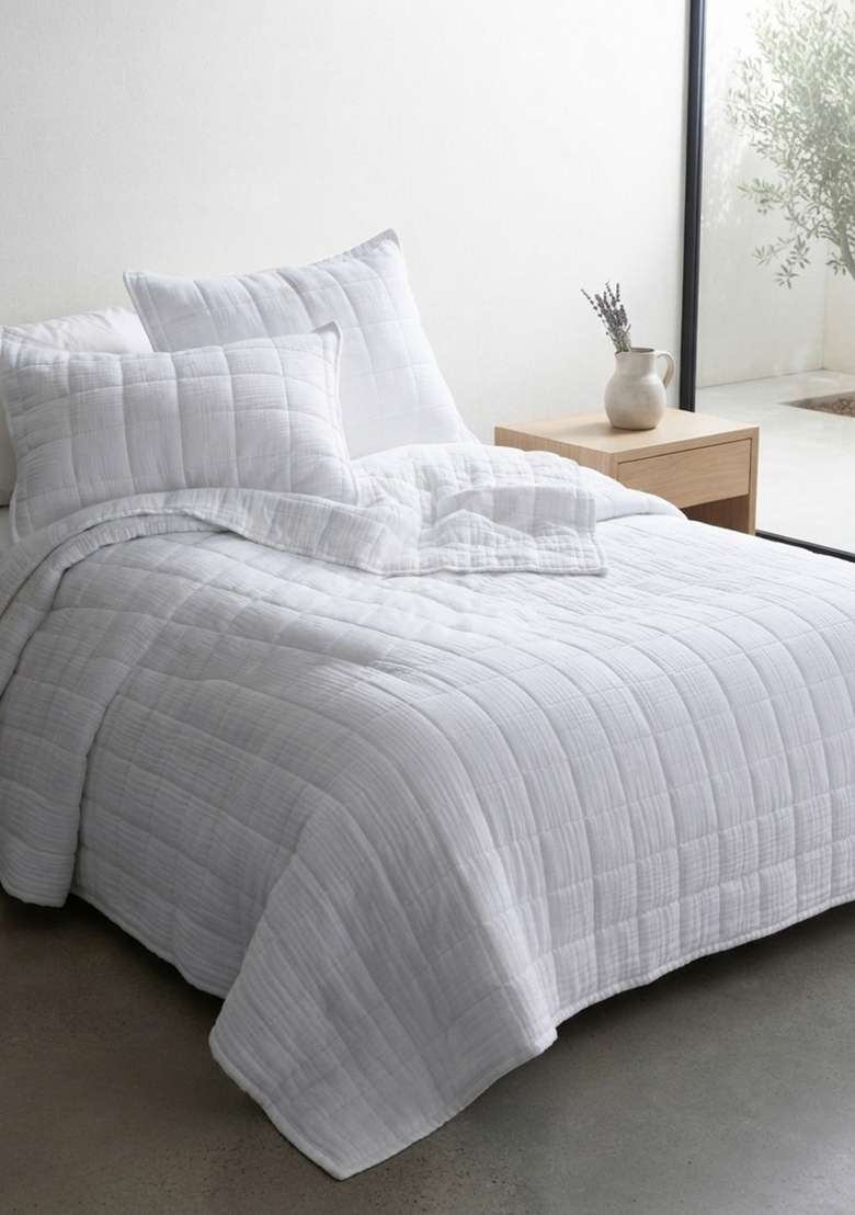 White Organic Cotton Gauze Box Quilt Sham Set - Indya