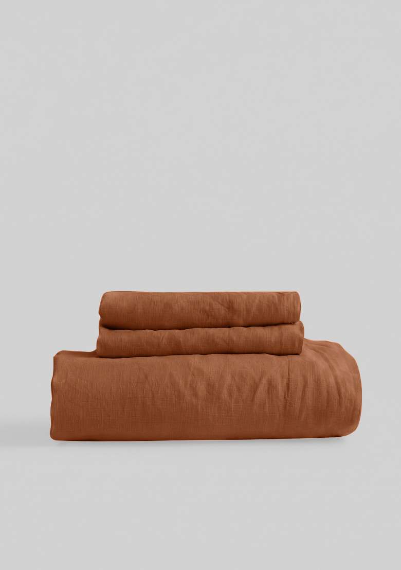 Terracotta European Linen Fitted Sheet Set - Indya