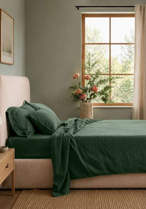 Bottle Green European Linen Sheet Set