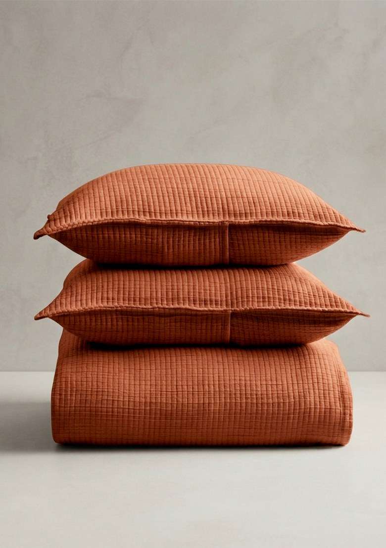 Terracotta Organic Ribbed Cotton Coverlet Set - Indya