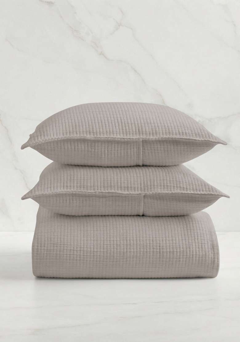 Light Grey Organic Ribbed Cotton Coverlet Set - Indya