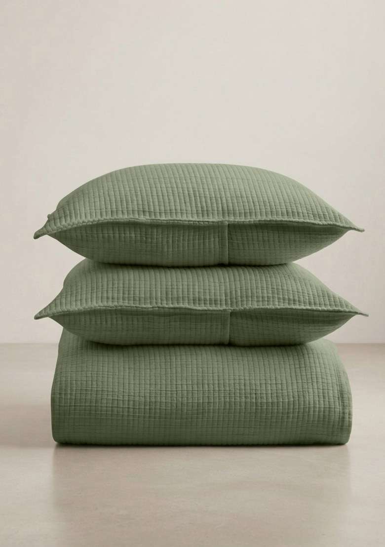 Olive Organic Ribbed Cotton Coverlet Set - Indya