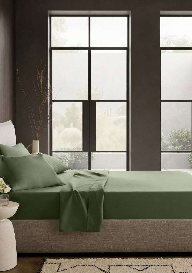 Olive Organic Crisp Percale Fitted Sheet Set - Indya